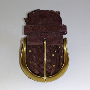 Coldwater Creek Brown Leather Braided Gold-Tone Metal Accented Wide Belt